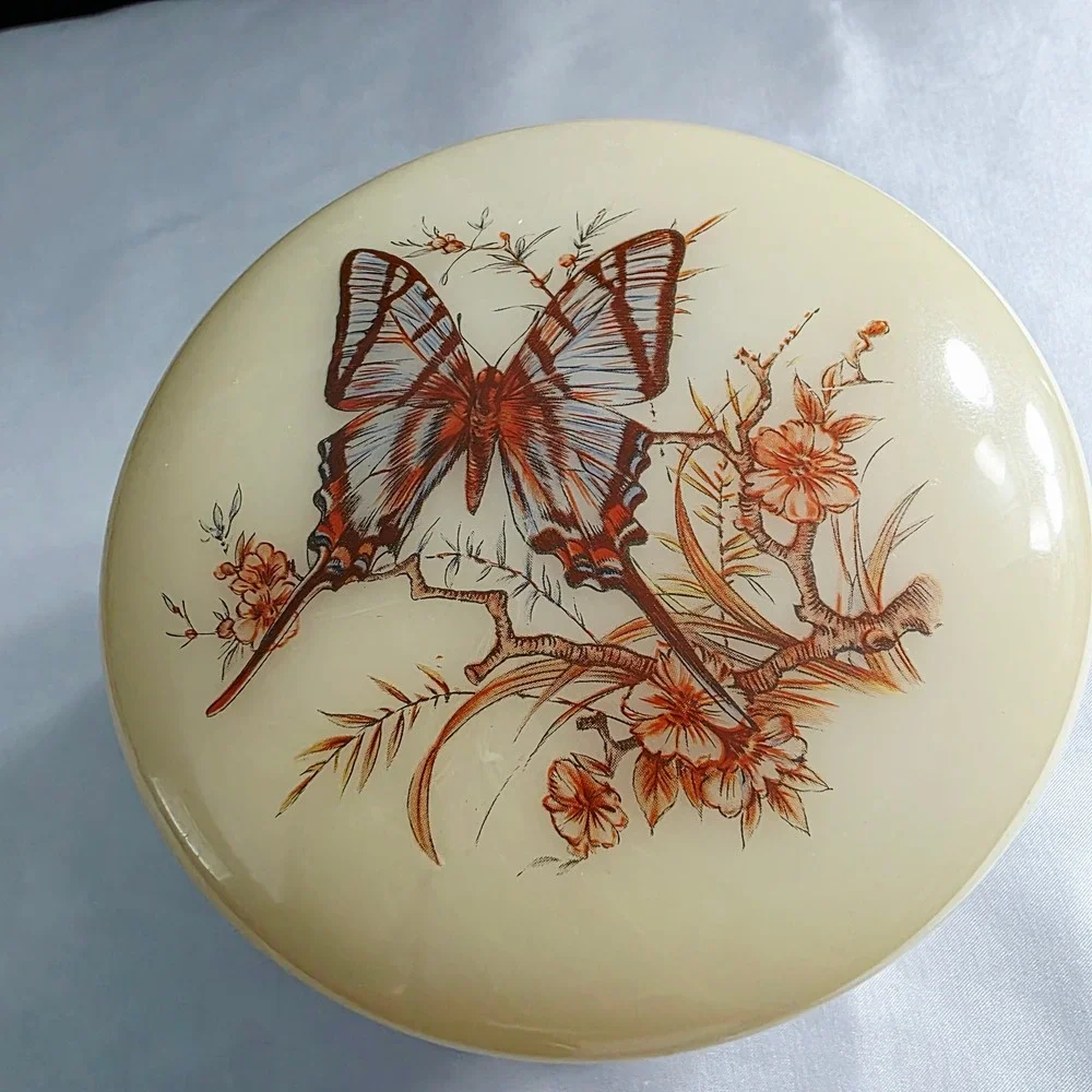 Vintage Italian Alabaster Butterfly Trinket Box Yellow Vanity Jar Keepsake Box